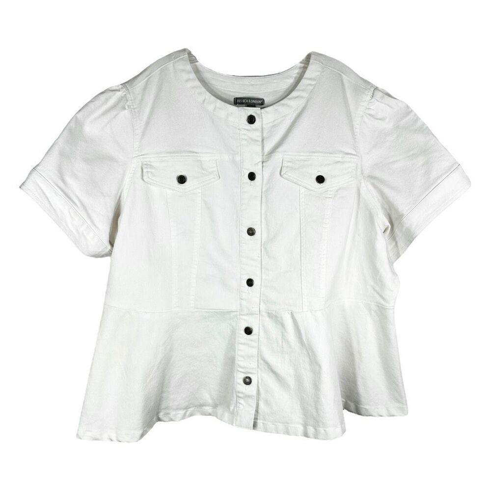 Jessica London Plus Size 28W Denim Top Peplum White Jean Short Sleeve 925‎